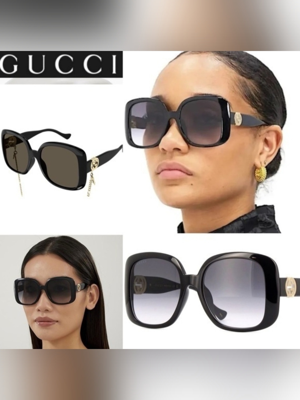 Gucci Black Gold Chain Oversized Square Sunglasses with gray Lenses